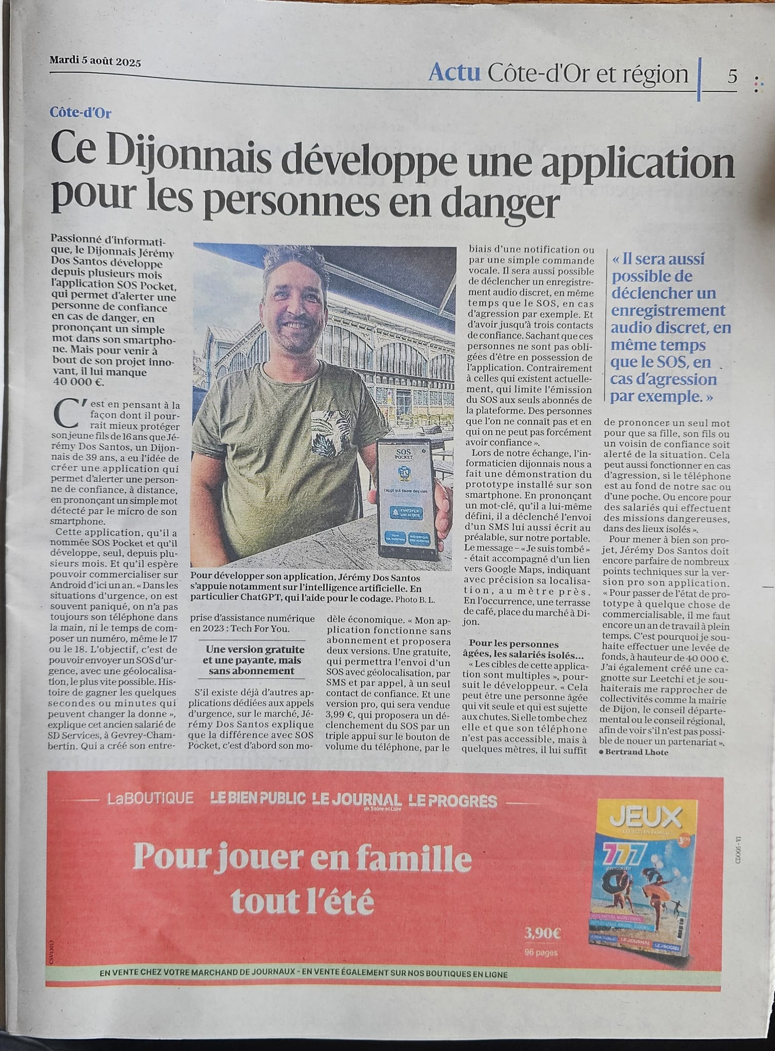 Article du Bien Public « Ce Dijonnais développe une application pour les personnes en danger », avec une photo du créateur de SOS Pocket tenant son téléphone