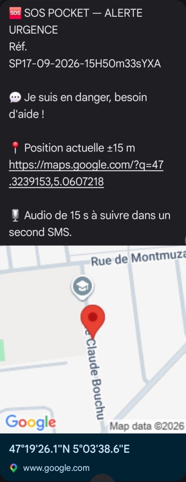 Exemple de SMS d'alerte SOS Pocket reçu par un proche, avec lien de position