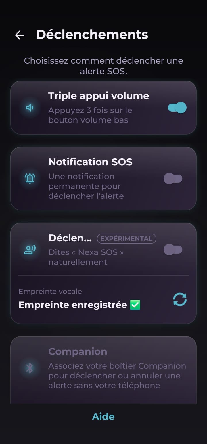 Écran de déclenchement d'une alerte dans SOS Pocket